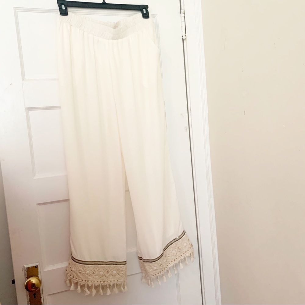 Luxe Moda Cocktail Beaded Palazzo Pants Cream